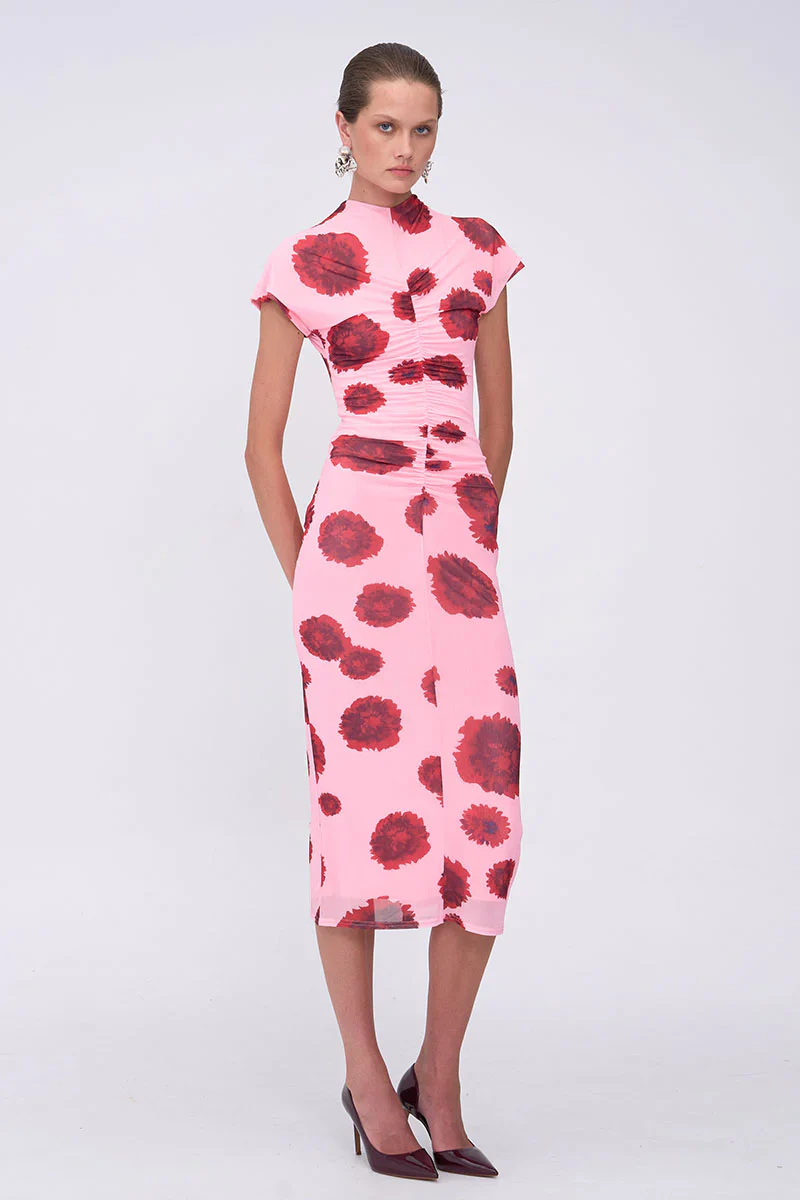 Suboo Luca Mesh Ruched Front Midi Dress - Pink Red - Image 2