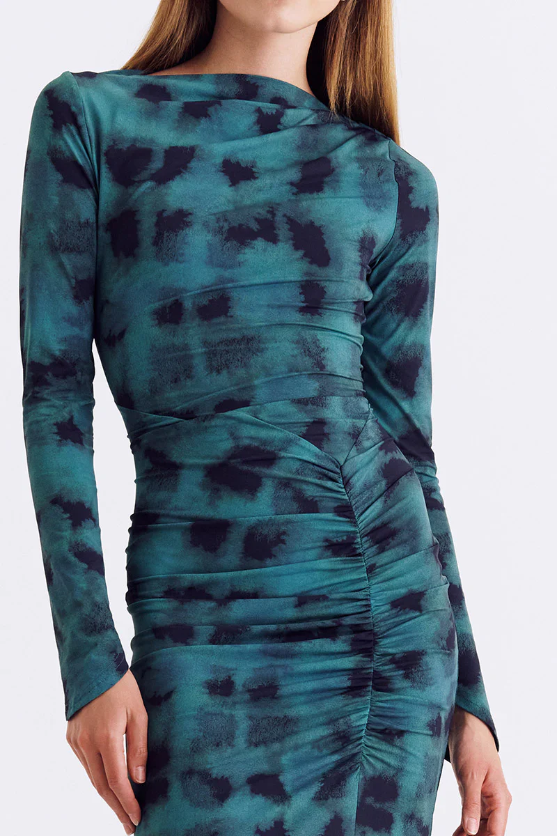 Suboo Shibori Long Sleeve Rouched Dress - Green Print - Image 3