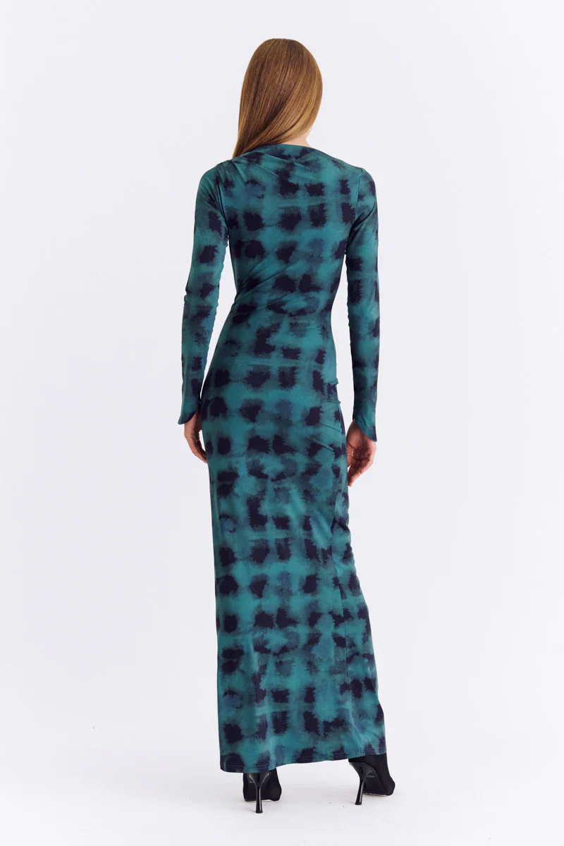 Suboo Shibori Long Sleeve Rouched Dress - Green Print - Image 4