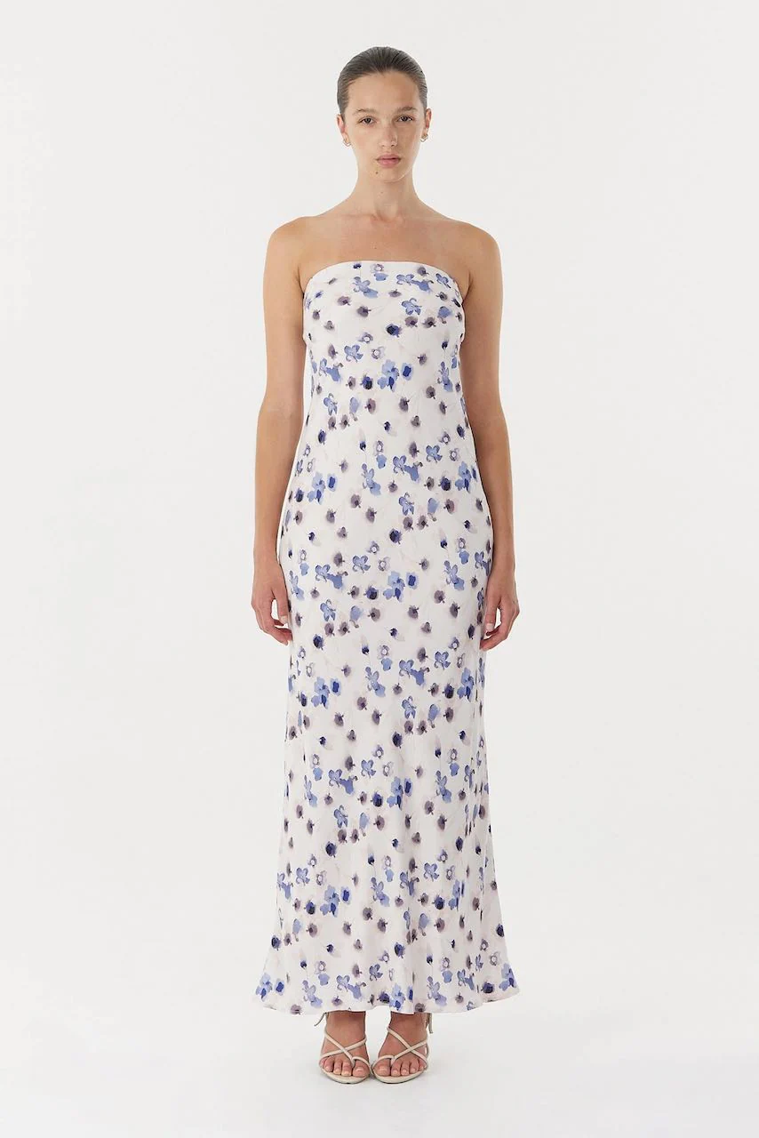 Third Form Blue Bias Strapless Dress - Floral