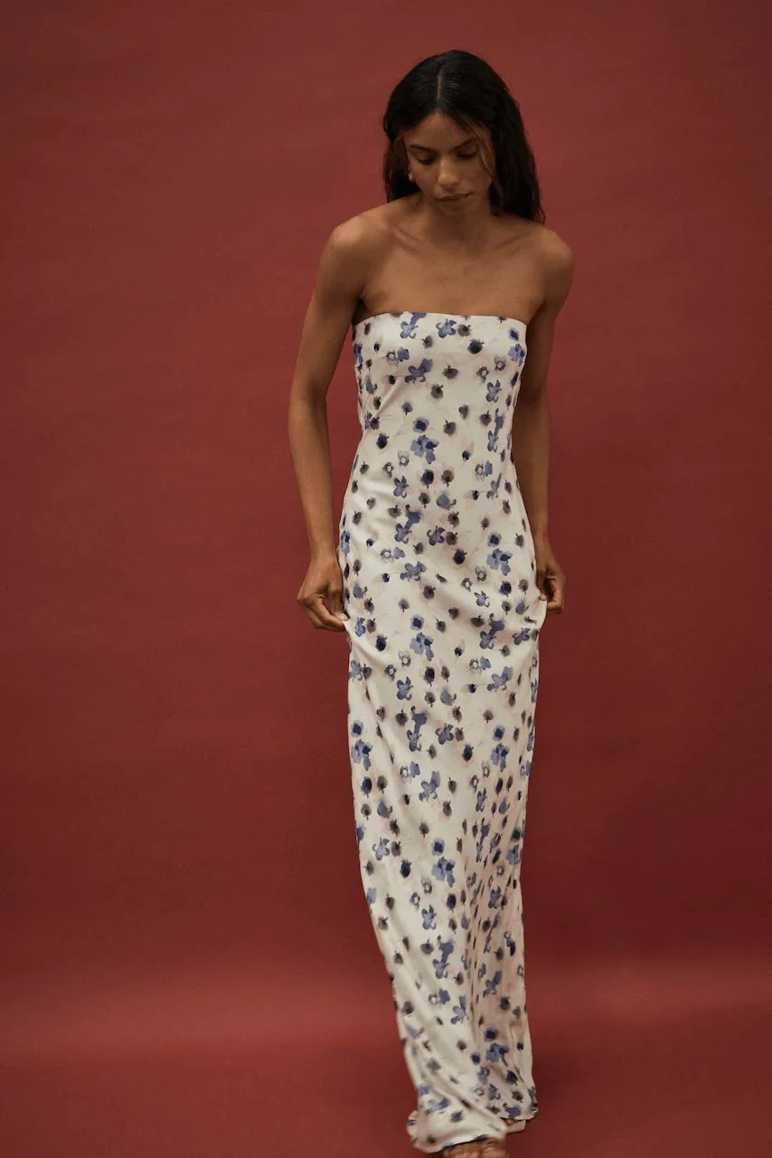 Third Form Blue Bias Strapless Dress - Floral - Image 2