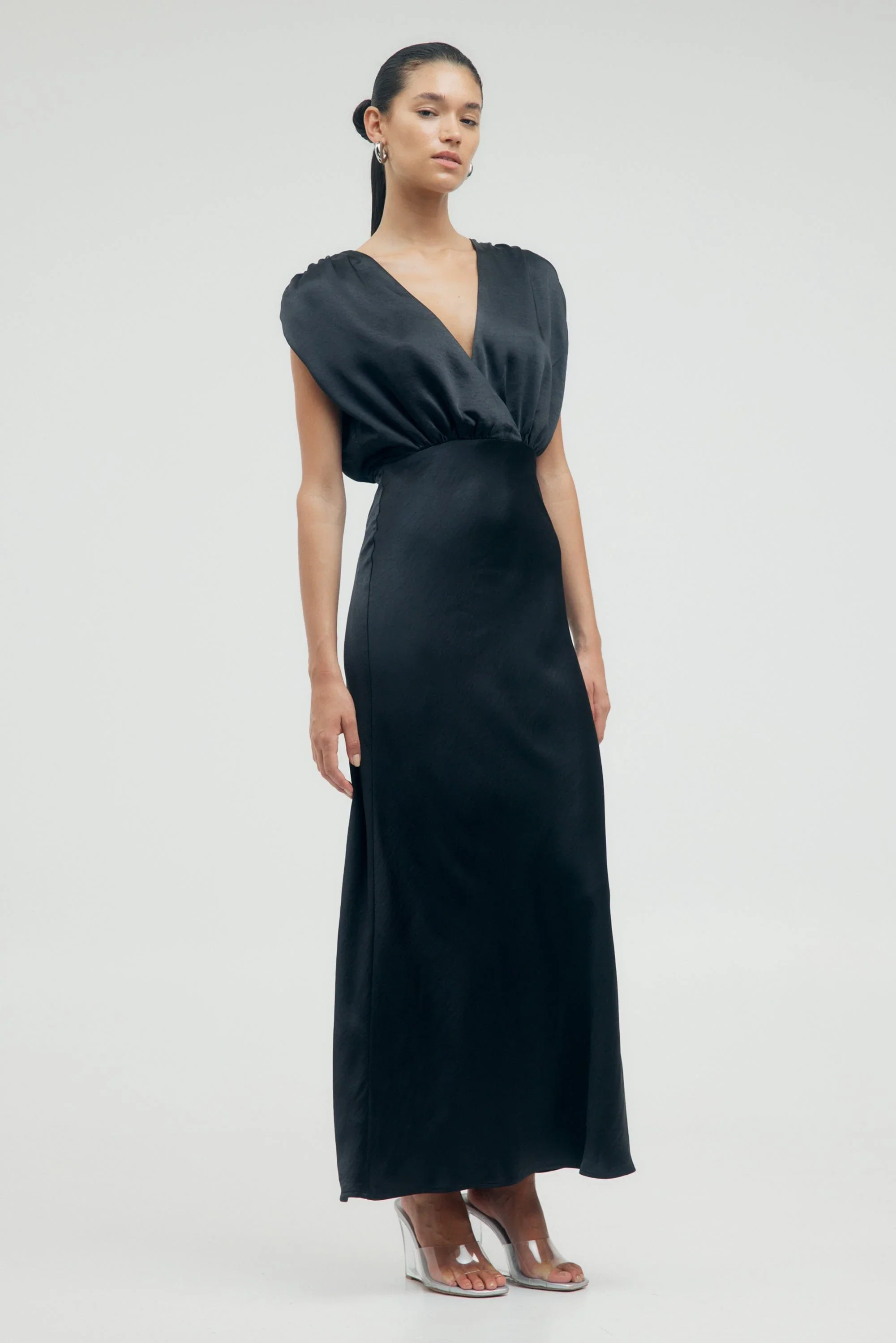 Third Form Satin Cross Over Gather Dress - Black - Image 2