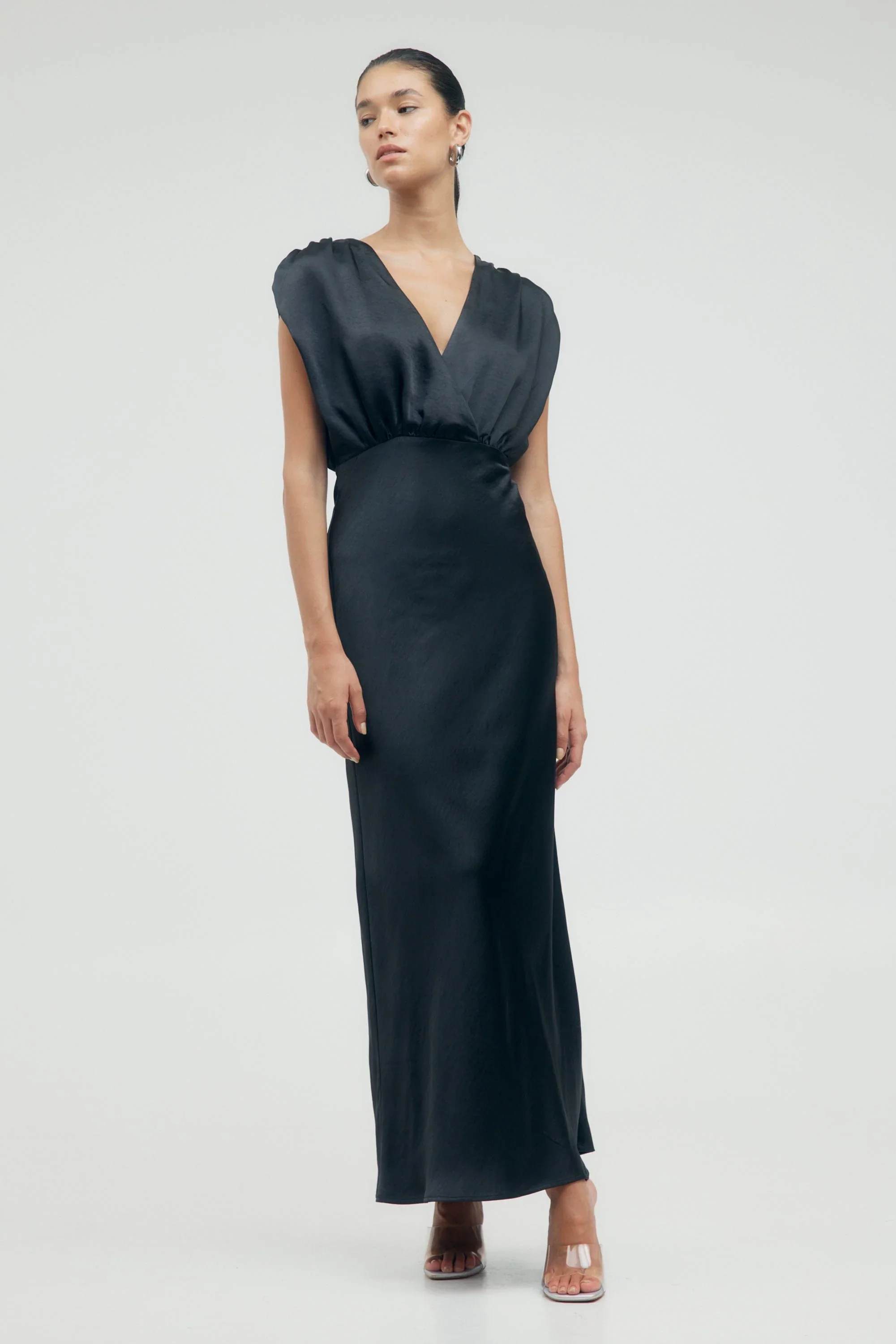 Third Form Satin Cross Over Gather Dress - Black - Image 3