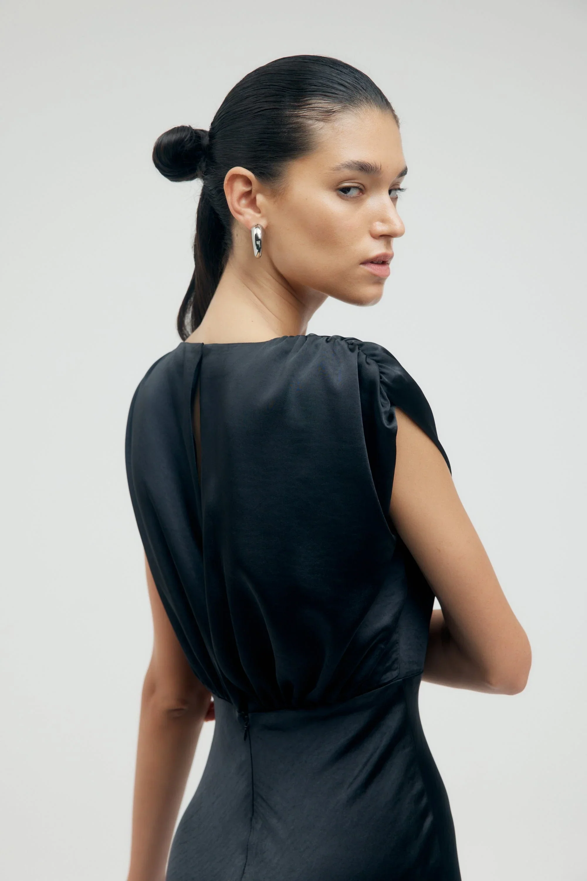 Third Form Satin Cross Over Gather Dress - Black - Image 5