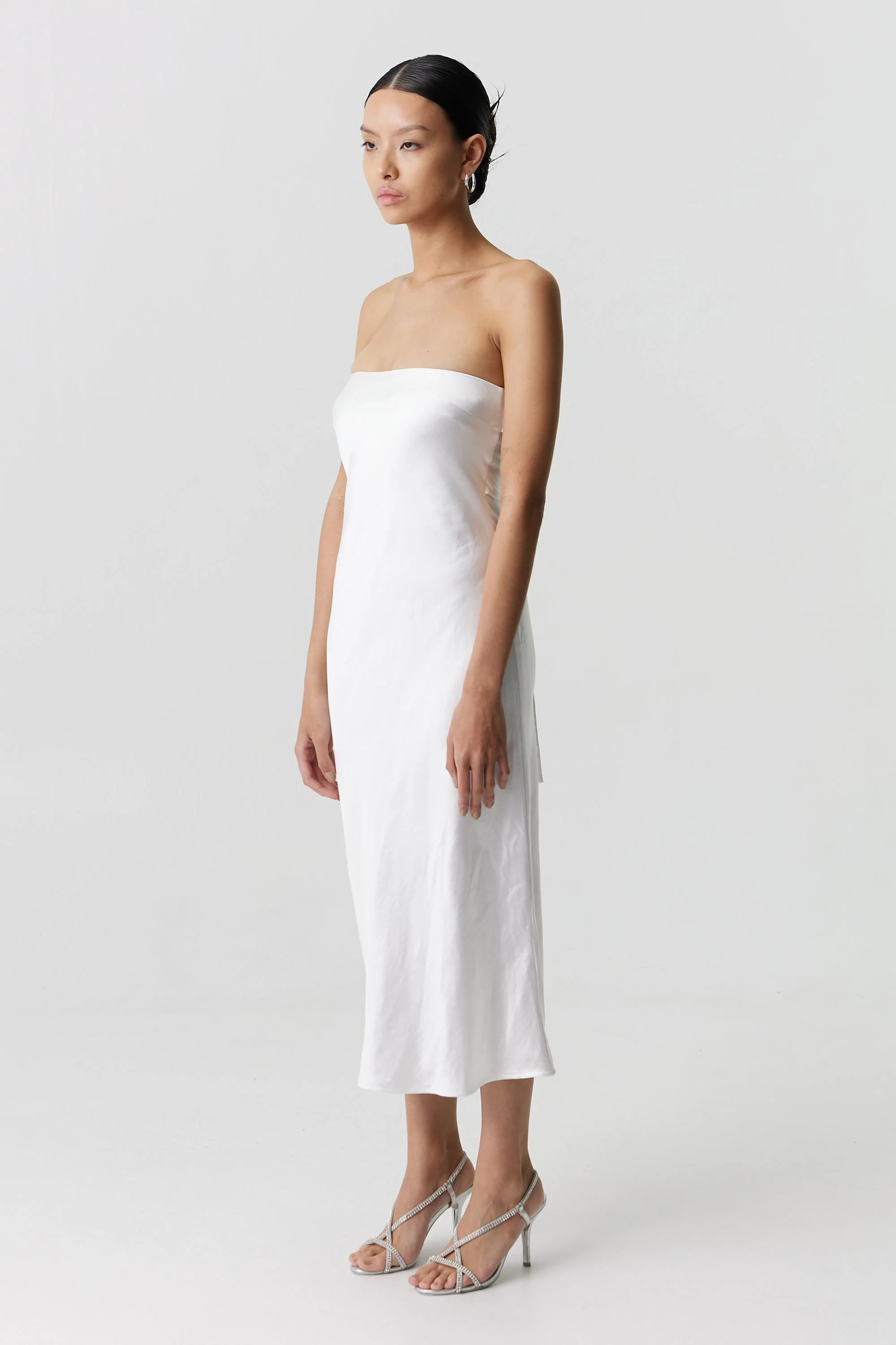 Third Form Satin Tie Back Strapless Midi Dress - Powder White - Image 2