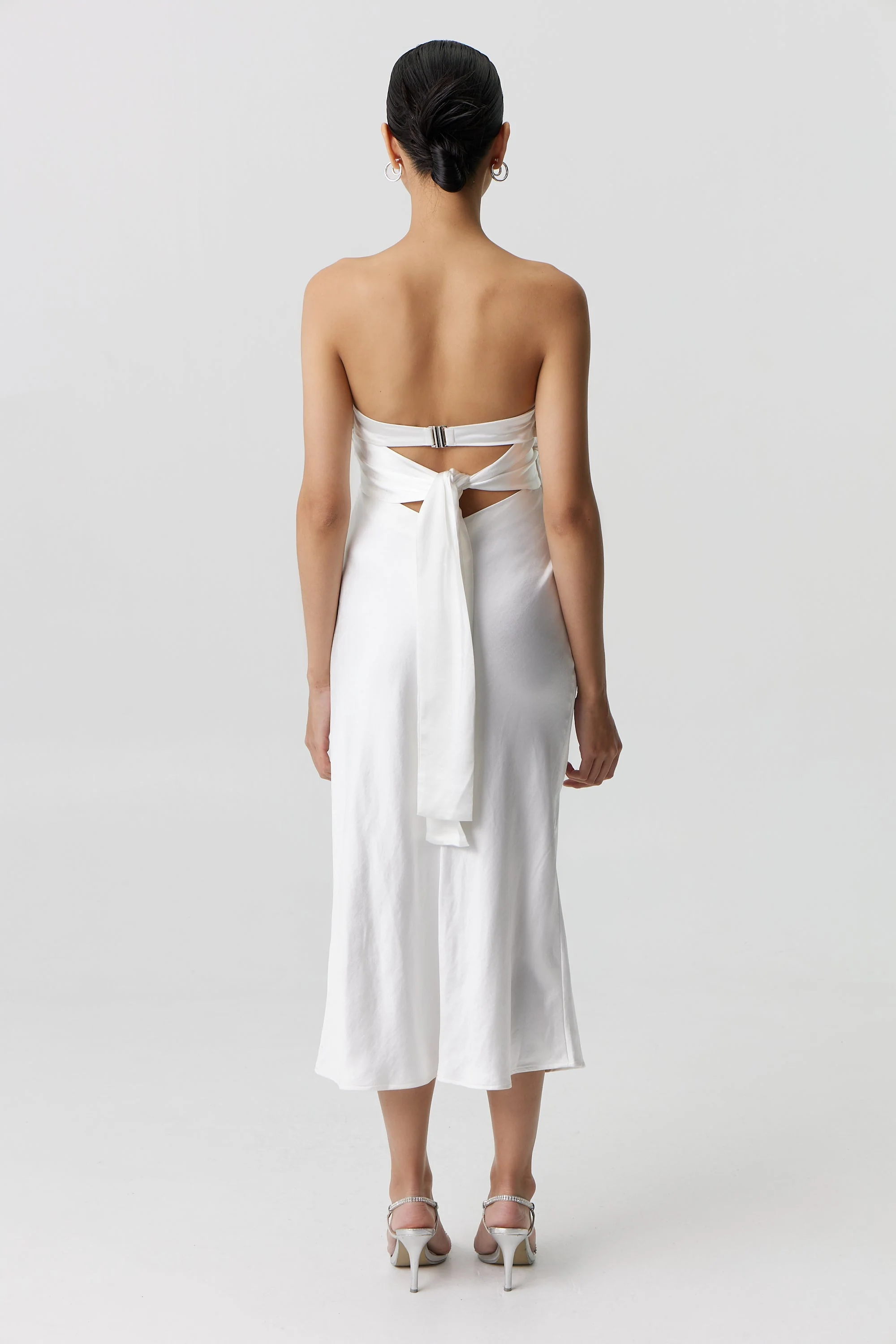 Third Form Satin Tie Back Strapless Midi Dress - Powder White - Image 3