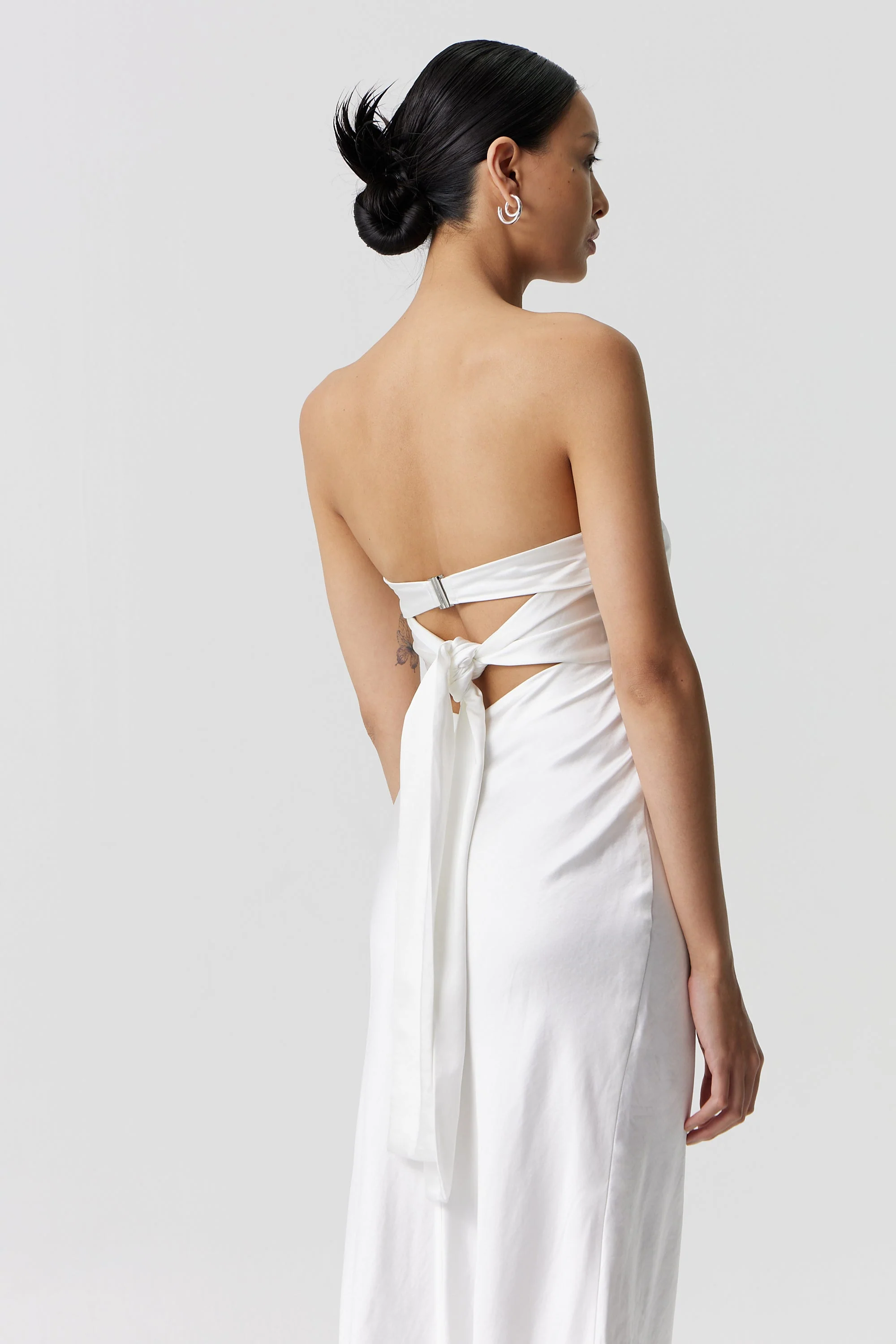 Third Form Satin Tie Back Strapless Midi Dress - Powder White - Image 4