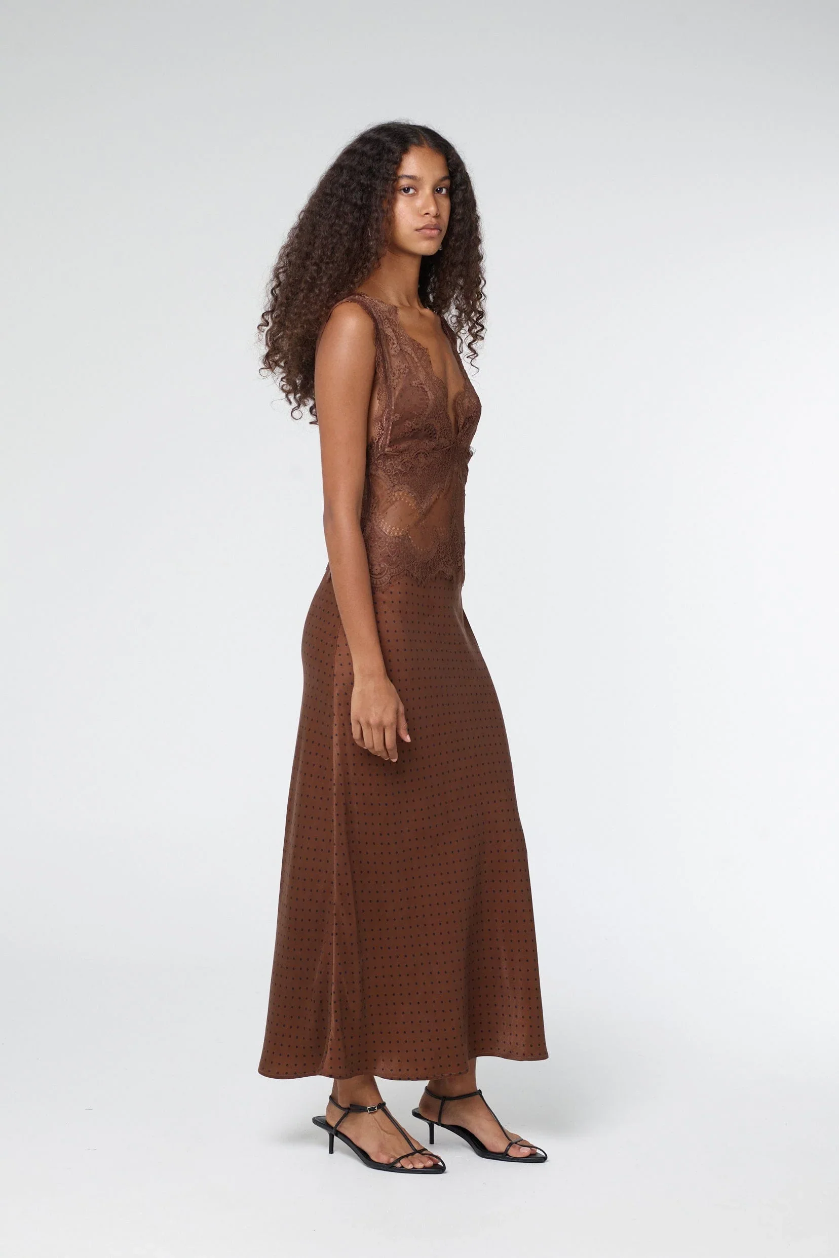 Third Form Visions Lace Deep V Neck Maxi Dress - Chocolate Polka Dot - Image 2