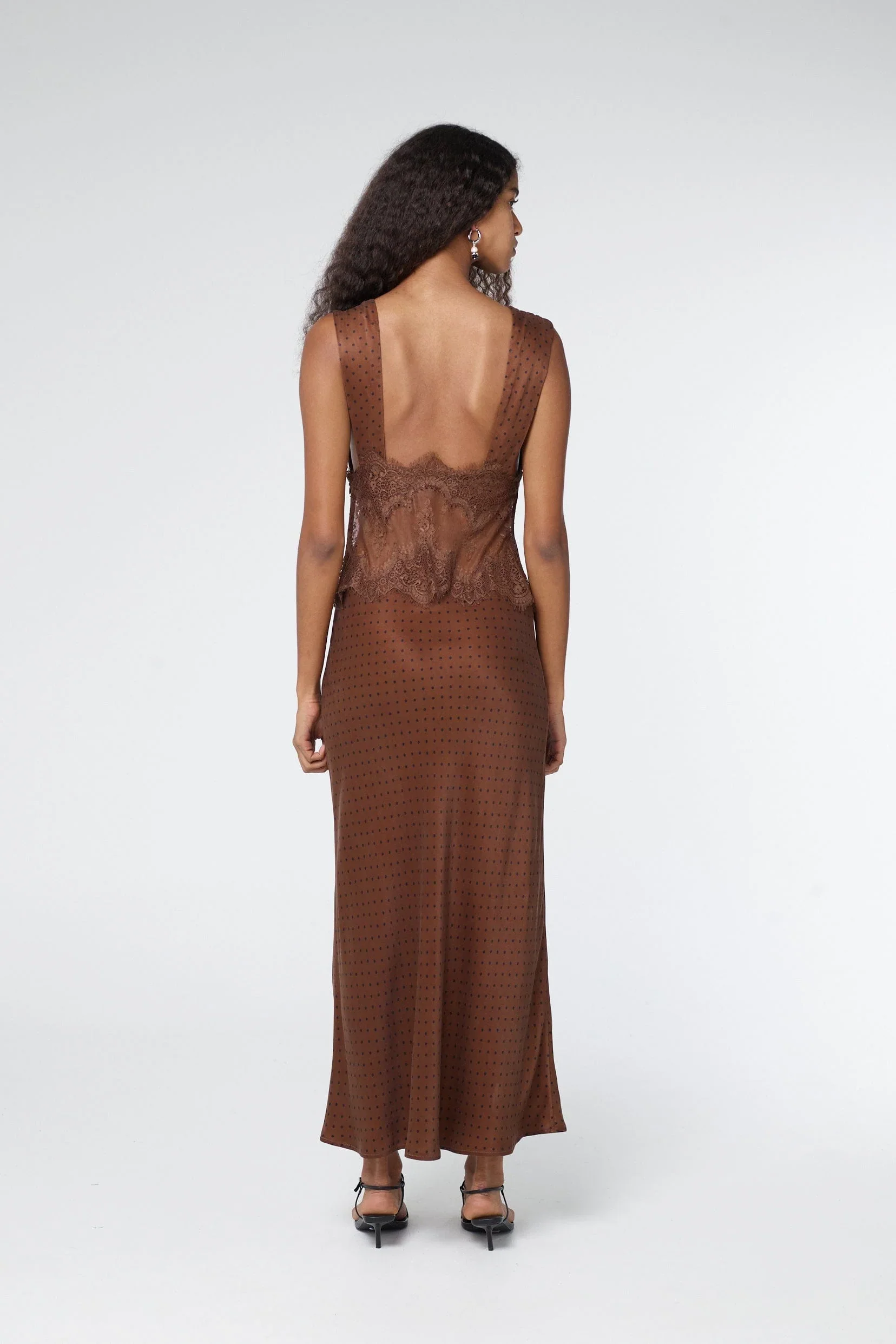 Third Form Visions Lace Deep V Neck Maxi Dress - Chocolate Polka Dot - Image 4